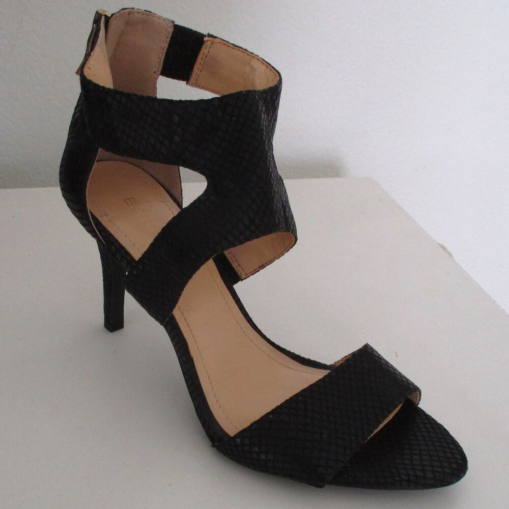 BCBGeneration Black Faux Snakeskin Ankle-Strap Open Toe 3.5" Heel NWOB - Size 8M